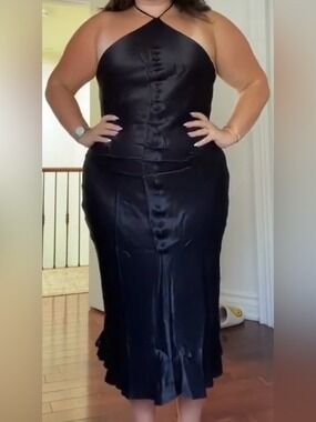 Park And Fifth Vincente Halter Neck Open Back Satin Dress in Black